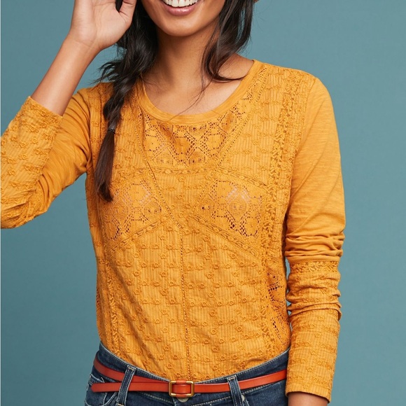 Mustard Yellow Eyelet Long Sleeve Tee - Picture 1 of 10
